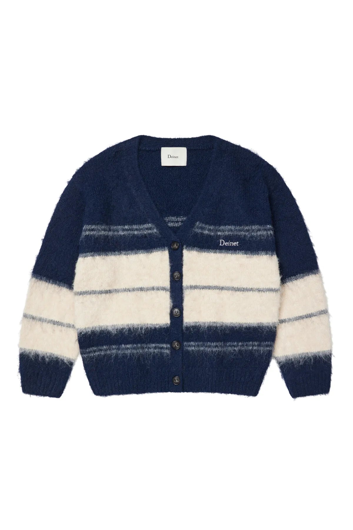 WOOL BLENDED STRIPE KNIT CARDIGAN IN NAVY