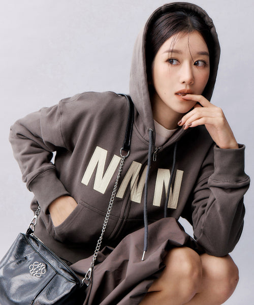NNN PATCH CROP HOOD ZIP UP #徐睿知同款! - 2 COLORS BROWN