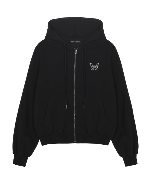 BUTTERFLY WARM COTTON SWEAT HOOD ZIP UP #徐睿知同款! - 2 COLORS BLACK