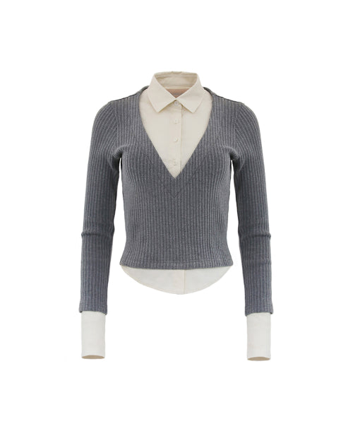 LAYERED V NECK KNIT SHIRTS - 3 COLORS BEIGE/GRAY