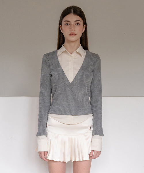LAYERED V NECK KNIT SHIRTS - 3 COLORS BEIGE/GRAY