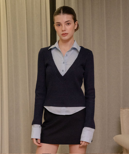LAYERED V NECK KNIT SHIRTS - 3 COLORS SKY/NAVY