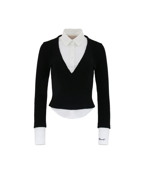 LAYERED V NECK KNIT SHIRTS - 3 COLORS WHITE/BLACK