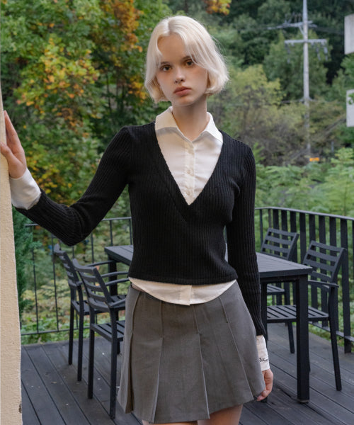 LAYERED V NECK KNIT SHIRTS - 3 COLORS WHITE/BLACK