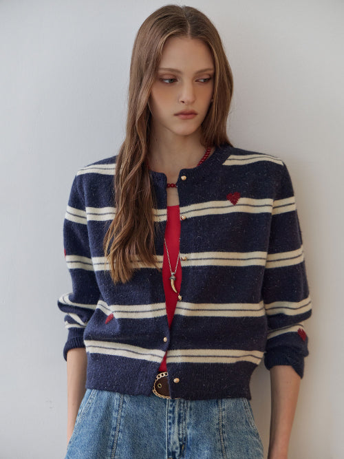 MAXZA HEART STRIPE PEARL KNIT CARDIGAN - 2 COLORS IVORY