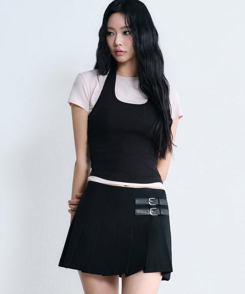 WOMENS LOW RISE BUCKLE PLEATS MINI SKIRT #韓韶禧同款! - 3 COLORS BLACK