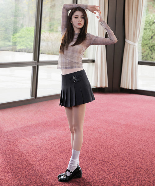 WOMENS LOW RISE BUCKLE PLEATS MINI SKIRT #韓韶禧同款! - 3 COLORS GREY
