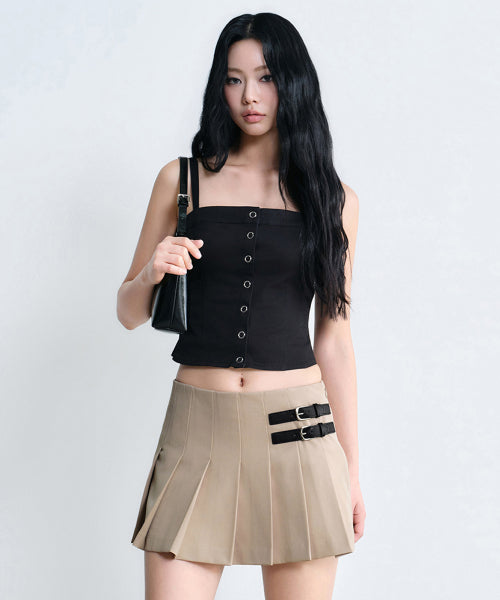 WOMENS LOW RISE BUCKLE PLEATS MINI SKIRT #韓韶禧同款! - 3 COLORS BEIGE