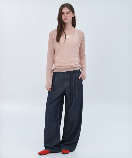WOMENS TENCEL ONE TUCK EXTRA WIDE DENIM PANTS #韓韶禧同款! - 3 COLORS INDIGO