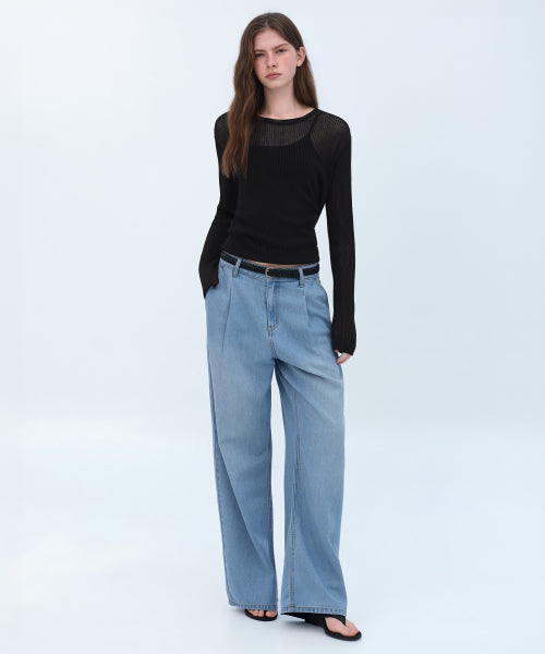 WOMENS TENCEL ONE TUCK EXTRA WIDE DENIM PANTS #韓韶禧同款! - 3 COLORS SKY BLUE