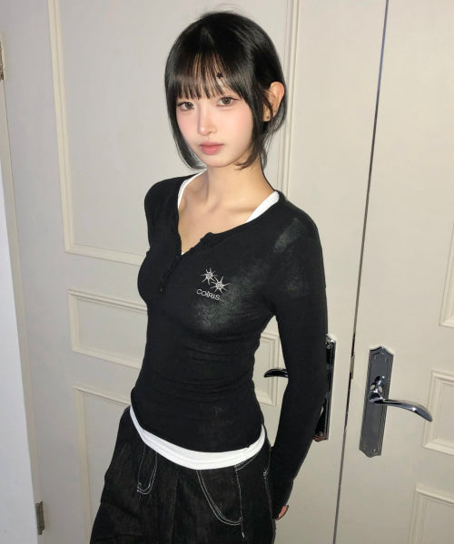 BUTTON LONG SLEEVE TEE - 2 COLORS BLACK