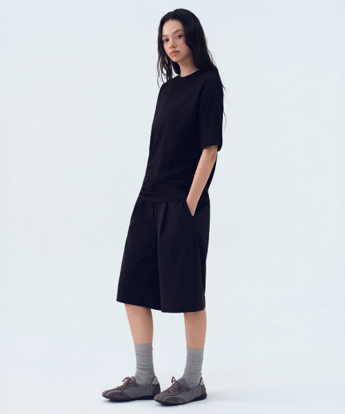 WOMENS ONE TUCK BERMUDA SWEAT PANTS #韓韶禧同款! - 4 COLORS BLACK