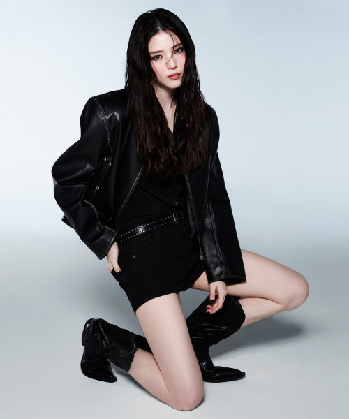 WOMENS FADED SYNTHETIC LEATHER SINGLE JACKET #韓韶禧同款! BLACK