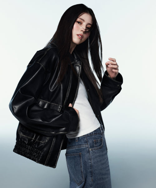 WOMENS FADED SYNTHETIC LEATHER AVIATOR JACKET #韓韶禧同款! BLACK