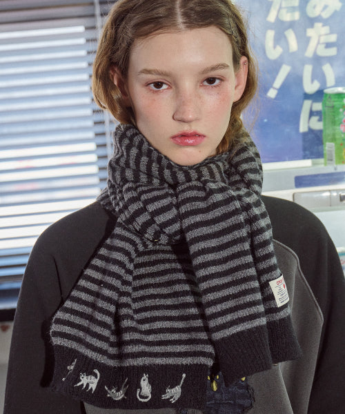 CAT STITCH STRIPE MUFFLER - 3 COLORS BLACK