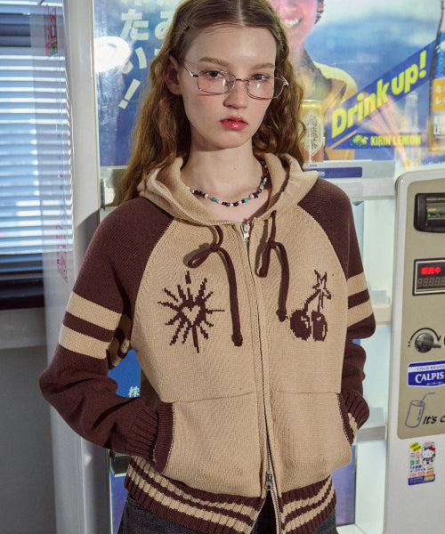 2-WAY CHERRY HOOD KNIT ZIP-UP - 2 COLORS BROWN