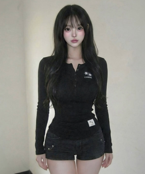ARINA BUTTON LONG SLEEVE TEE - 4 COLORS BLACK