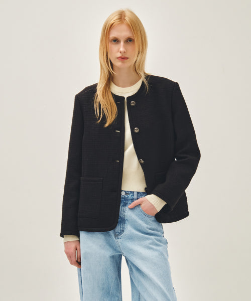W TWEED ROUND NECK JACKET - 2 COLORS BLACK