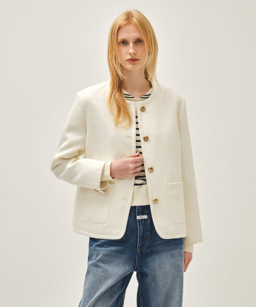 W TWEED ROUND NECK JACKET - 2 COLORS IVORY