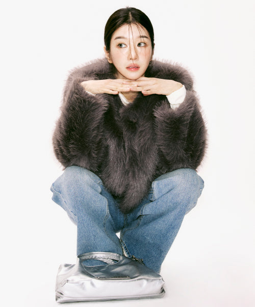 SOFT FUR CROPPED JACKET #徐睿知同款! - 2 COLORS CHARCOAL