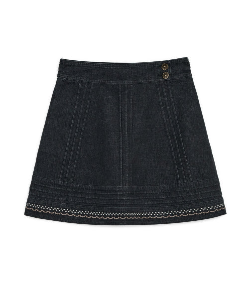 DENIM NEEDLEWORK MIDI SKIRT - 2 COLORS BLACK