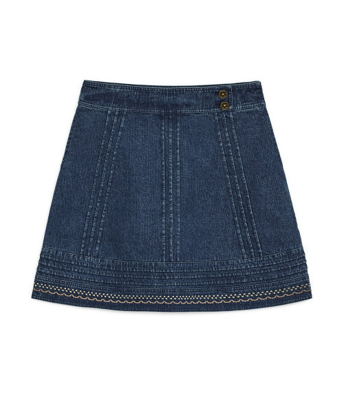 DENIM NEEDLEWORK MIDI SKIRT - 2 COLORS BLUE