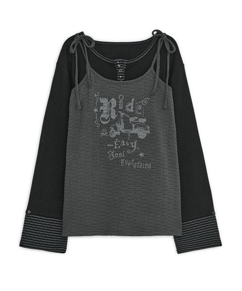 PRINT LAYERED HENLEY NECK TEE - 2 COLORS BLACK