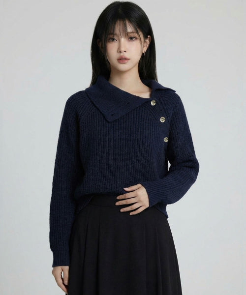 COLLAR CROSS BUTTON KNIT - 3 COLORS NAVY
