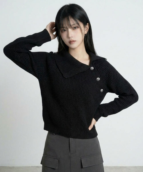COLLAR CROSS BUTTON KNIT - 3 COLORS BLACK