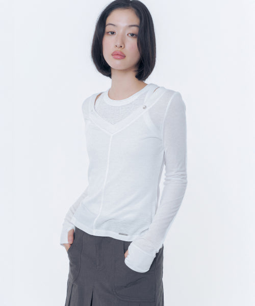 LAYERED LINE SHEER LONG SLEEVE #REI同款! - 3 COLORS WHITE