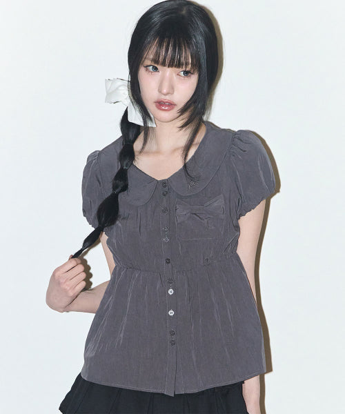 RIBBON PUFF BLOUSE - 3 COLORS CHARCOAL
