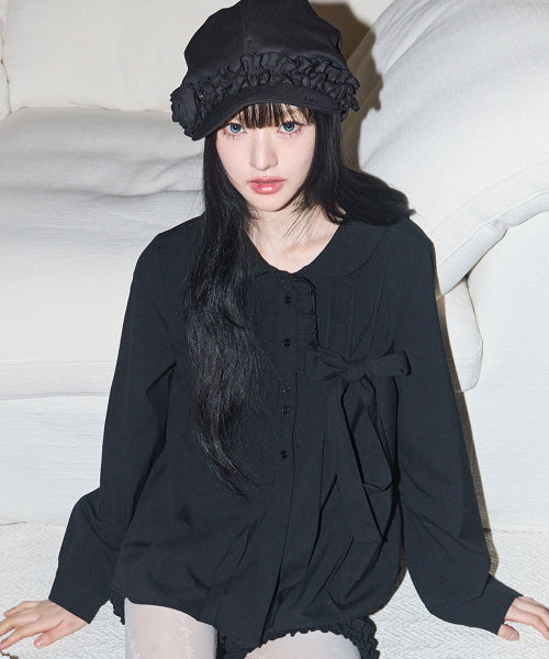 RIBBON PLEATS BLOUSE GREY - 3 COLORS BLACK