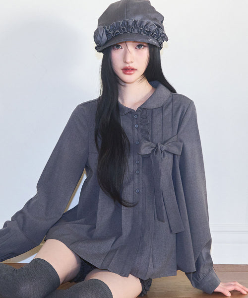 RIBBON PLEATS BLOUSE GREY - 3 COLORS GREY