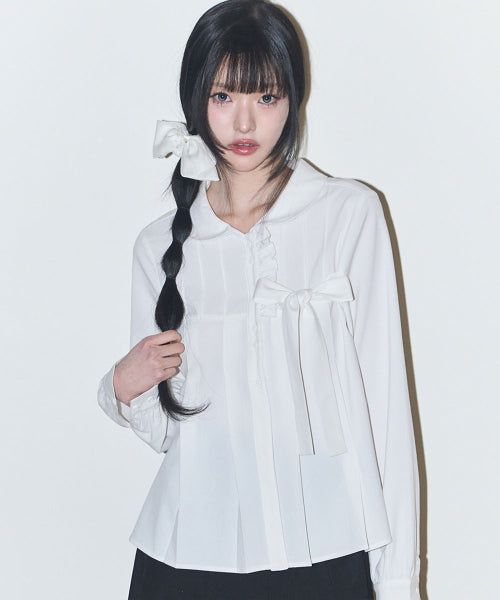 RIBBON PLEATS BLOUSE GREY - 3 COLORS WHITE