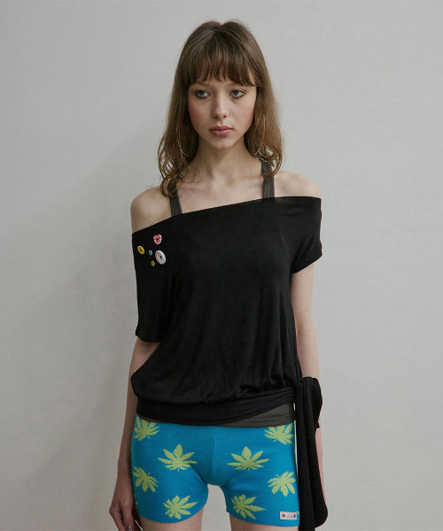 OFF SHOULDER BUTTON TEE - 3 COLORS BLACK