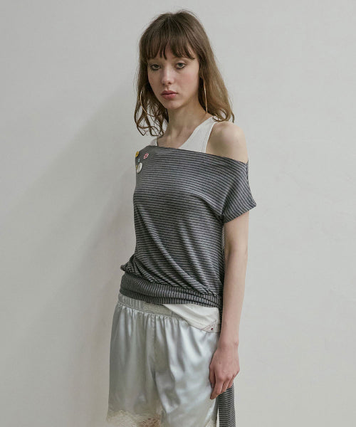 OFF SHOULDER BUTTON TEE - 3 COLORS MELANGE GREY