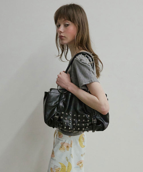 METAL STUD TOTE BAG - 2 COLORS BLACK
