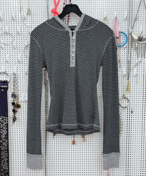 STRIPED BUTTON DOWN HOODIE - 3 COLORS CHARCOAL