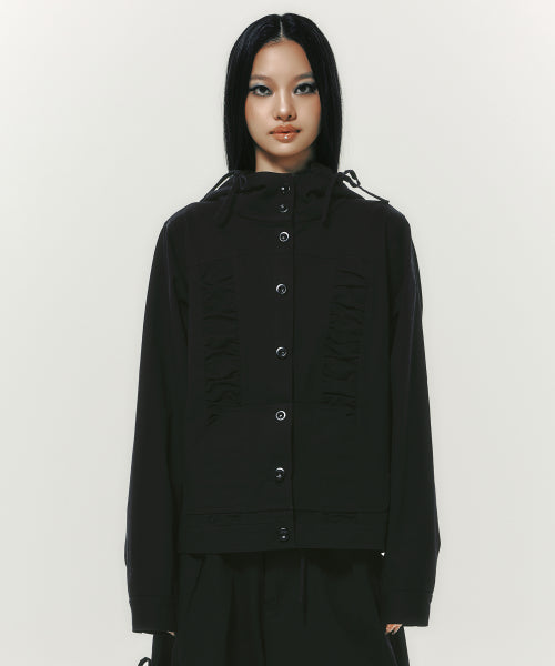COTTON SHIRRING HOOD JACKET BLACK - 2 COLORS