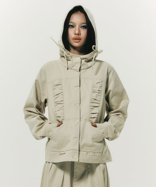 COTTON SHIRRING HOOD JACKET BLACK - 2 COLORS