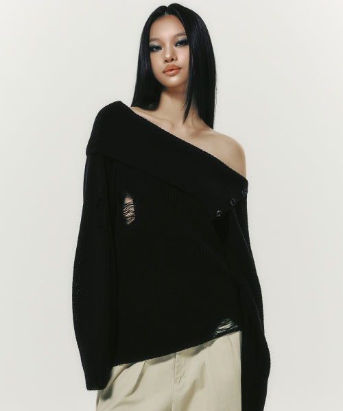 DAMAGE OFF SHOULDER KNIT BLACK - 2 COLORS