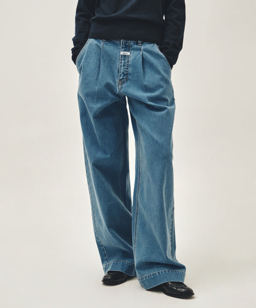 W LOW WAIST TUCK WIDE DENIM PANTS ECRU - 2 COLORS BLUE