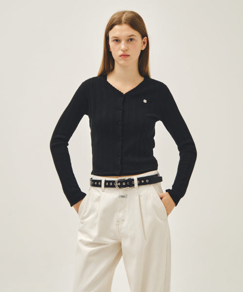 W V NECK CROCHET KNIT CARDIGAN - 2 COLORS BLACK