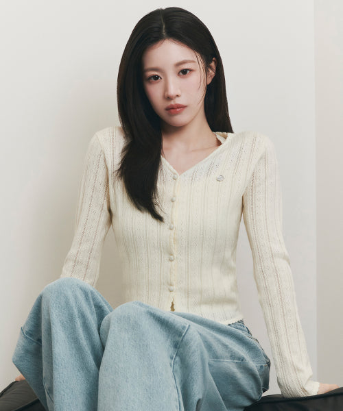 W V NECK CROCHET KNIT CARDIGAN - 2 COLORS IVORY