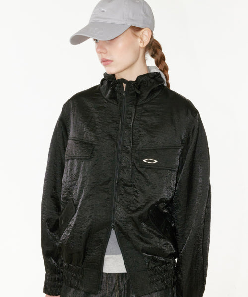 HIGH NECK GLOSSY WINDBREAKER - 2 COLORS BLACK