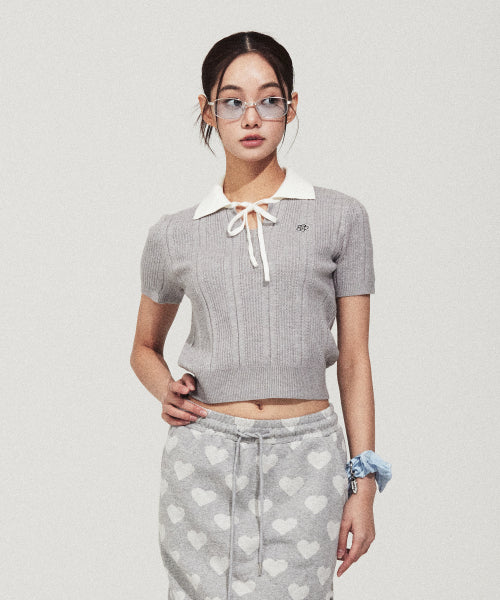 RIBBON COLLAR SHORT SLEEVE KNIT #GISELLE同款! - 2 COLORS LIGHT GREY