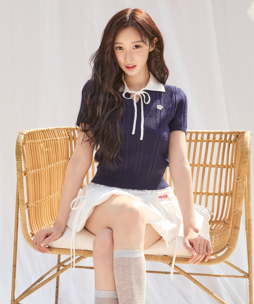 RIBBON COLLAR SHORT SLEEVE KNIT #GISELLE同款! - 2 COLORS NAVY