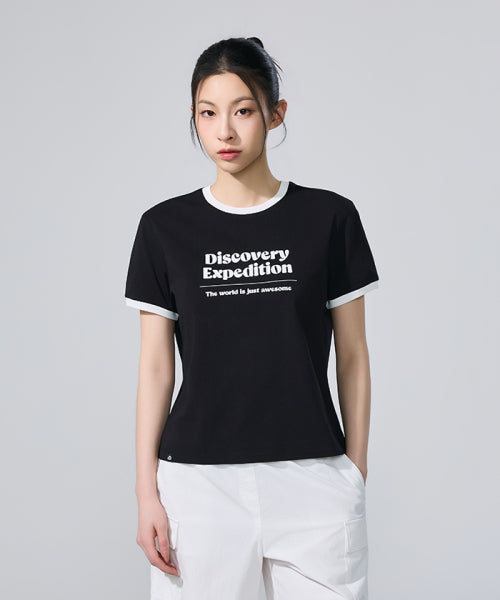 WOMEN FRESHVENT LETTERING SEMI CROP RINGER TEE #NINGNING同款！ - 4 COLORS BLACK