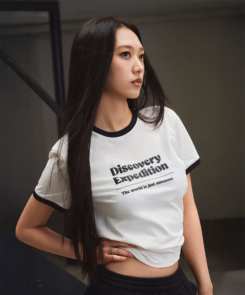 WOMEN FRESHVENT LETTERING SEMI CROP RINGER TEE #NINGNING同款！ - 4 COLORS WHITE