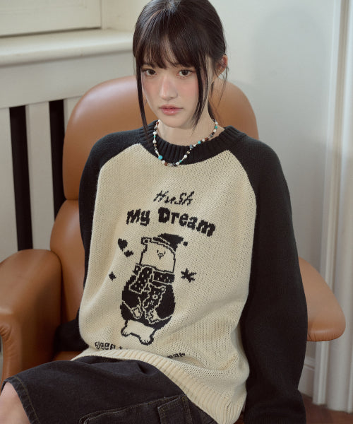 BEAR RAGLAN PULLOVER KNIT - 2 COLORS BLACK
